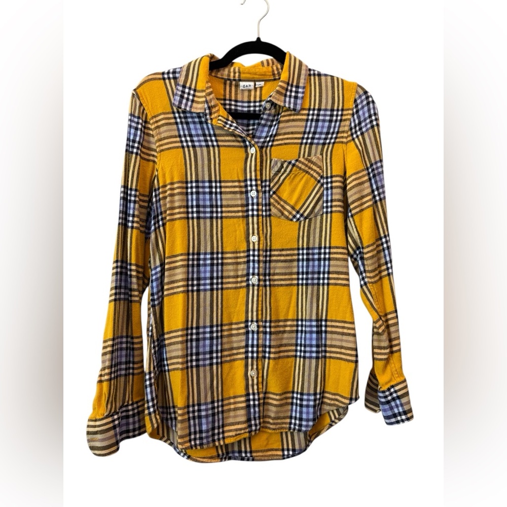 GAP Women's Yellow and Black Plaid Flannel Shirt Size Medium